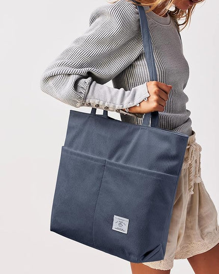 KALIDI Women Corduroy Tote Bag Zipper Casual Tote's Handbag Big Capacity Shoulder Bag with Pockets