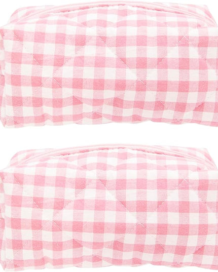PAZIMIIK 2PCS Cozy Makeup Bag Travel Cosmetic Bag for Women Soft Toiletry Bag Aesthetic Makeup Organizer Portable Large Zipper Pouch for Skincare Beauty Accessories Brushes Pink Checkered