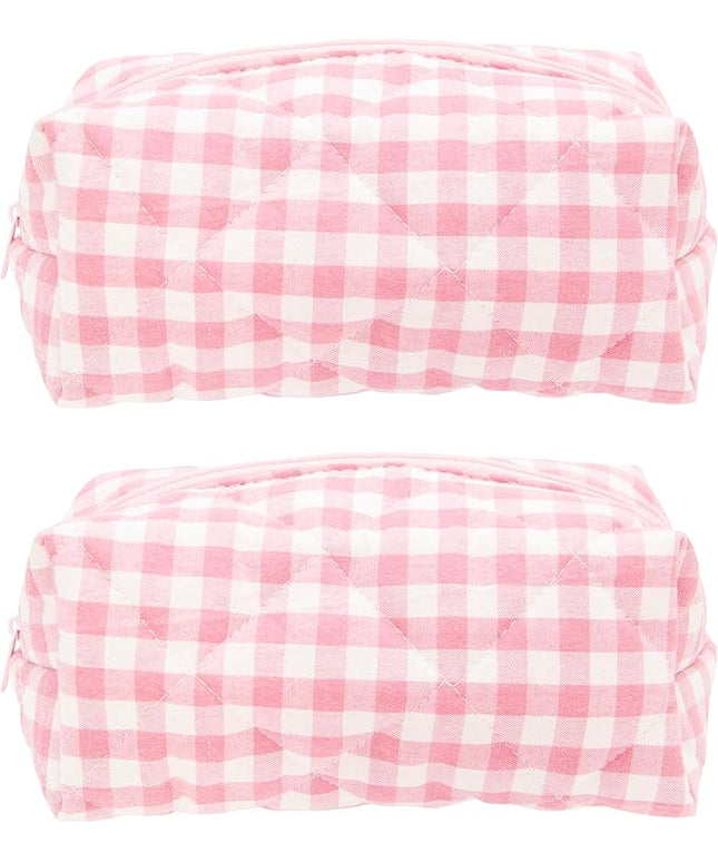 PAZIMIIK 2PCS Cozy Makeup Bag Travel Cosmetic Bag for Women Soft Toiletry Bag Aesthetic Makeup Organizer Portable Large Zipper Pouch for Skincare Beauty Accessories Brushes Pink Checkered