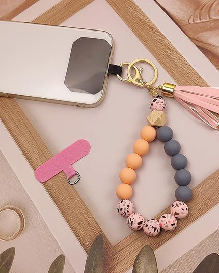 Phone Lanyard Silicone Beaded Phone Wrist Strap Cute Elastic Cell Phone Wristlet Chain Bracelet with 2 Tether Tab