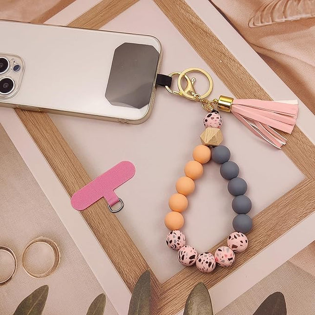 Phone Lanyard Silicone Beaded Phone Wrist Strap Cute Elastic Cell Phone Wristlet Chain Bracelet with 2 Tether Tab
