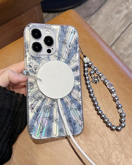 Compatible with iPhone 16 Pro Max Cases,Cute Flower Phone case with Floral Pearl Chain,Compatible MagSafe Silicone Shockproof Phone case for Women and Teenage Girls.