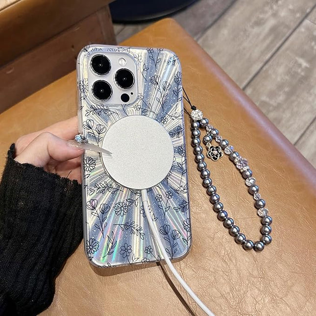 Compatible with iPhone 16 Pro Max Cases,Cute Flower Phone case with Floral Pearl Chain,Compatible MagSafe Silicone Shockproof Phone case for Women and Teenage Girls.