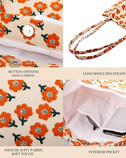 Corduroy Tote Bag Cute Tote Bags for Women Shoulder Bag with Inner Pocket for Work Beach Travel and Shopping Grocery