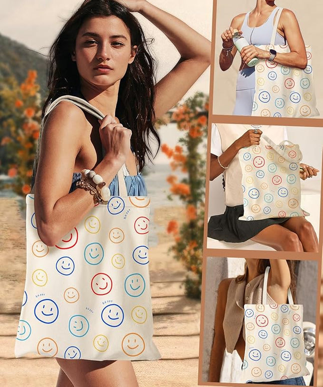 Aesthetic Canvas Tote Bag for Women - Sturdy Cloth Cotton Totes Bag with Pattern Shoulder Bag
