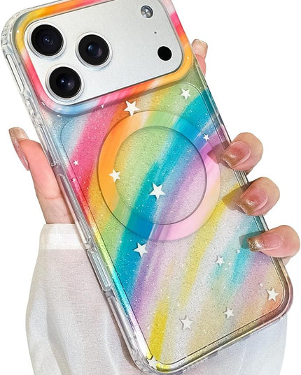 Cute Case for iPhone 17 Pro Case for Women Girls [Compatible with Magsafe] Aesthetic Girly Trendy Glitter Sparkly Bling Magnetic Protective Phone Cover, Rainbow