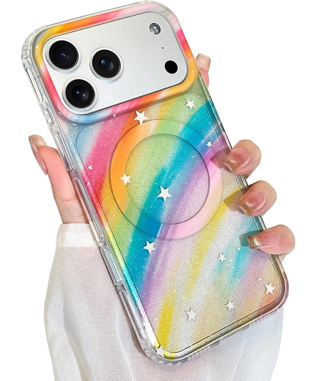 Cute Case for iPhone 17 Pro Case for Women Girls [Compatible with Magsafe] Aesthetic Girly Trendy Glitter Sparkly Bling Magnetic Protective Phone Cover, Rainbow