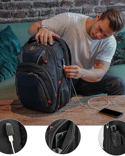 Swissdigital Design Men's Laptop Backpack for Man，Large Capacity Business Travel Backpack Black/Blue | J14-12