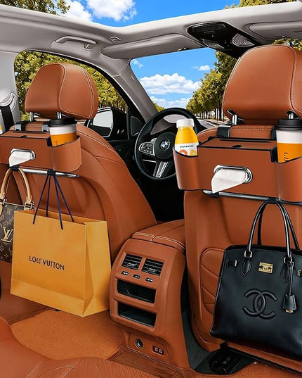 Backseat Car Organizers,4 in 1 Multifunctional Car Back Seat Storage Box with Drink Cup Holder Tissue Box, for Hold Phone,Snacks, Drinks, Handbag (LightBrown)