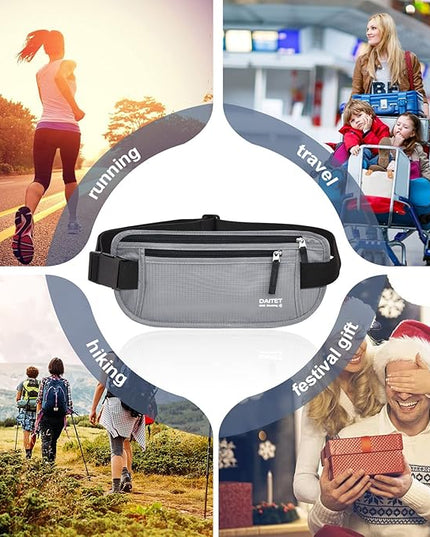 RFID Blocking Money Belt for Men Women, Slim Fanny Pack For Travel，Running,Conceal Waist Wallet For Passport Holder,Phone,Cash(Black Light Grey)
