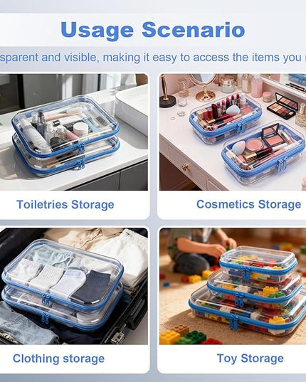 5 Pack Clear Hard Shell Zipper Pouches, TSA Friendly Transparent Design for Toiletries & Electronics, Crush-Resistant Storage for Carry-On Travel (Blue)
