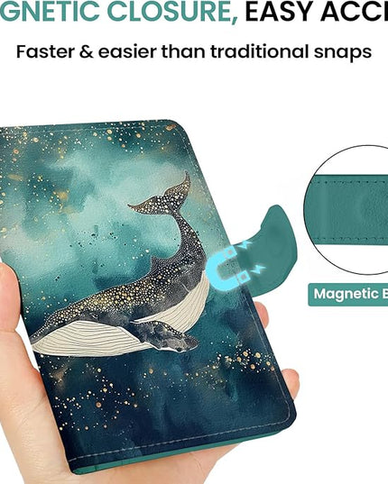 Passport Holder for Travel Essentials, RFID Blocking Leather Cover Wallet with Magnetic Closure, Aesthetic & Cute Passport Book Case for Women and Men - Whale, Upgraded with Money Pocket