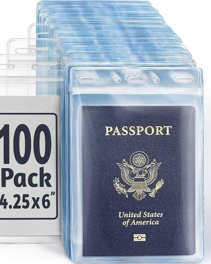 EcoEarth 4x6 Inch Passport & Card Holders with Soft Edge (Clear, 100 PK) - Extra Large (XXL) Vertical ID Holder - Resealable and Waterproof Identification Name Card Holder