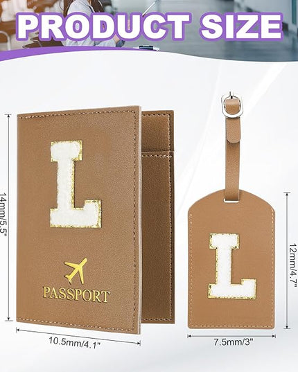 PATIKIL Passport Holder for Travel, Initial Passport Cover and Luggage Tag Set with Alphabet Chenille Letter Patch Travel Wallet Bag Suitcase Identifier for Women Family Travel Brown L