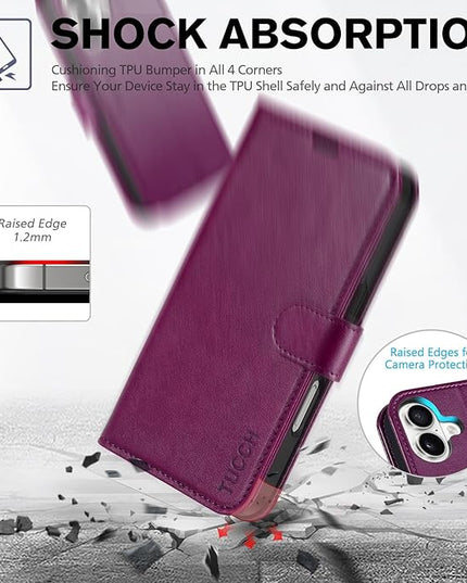 TUCCH Case Wallet for iPhone 16, Kickstand PU Leather Magnetic Protective Flip Cover with [RFID Blocking] [4 Card Slots] [TPU Interior Case] Compatible with iPhone 16 5G 2024, Plum Purple