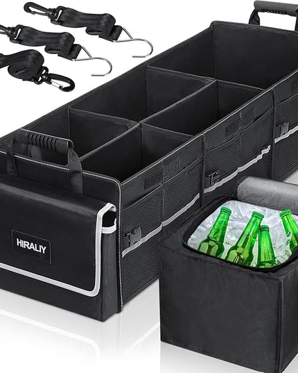 HIRALIY 4 in 1 Car Trunk Storage Organizer with Leakproof Cooler Bag, Multi-Compartment Foldable Trunk Storage Box for Car Truck SUV Black