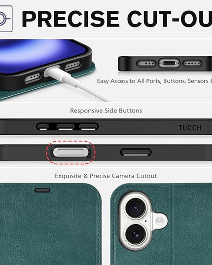 TUCCH Wallet Case for iPhone 16, Magnetic PU Leather Kickstand Flip Cover with 4 Card Slot Shockproof TPU Interior Shell, [RFID Blocking] Folio Case Compatible with iPhone 16 5G 2024, Teal Blue