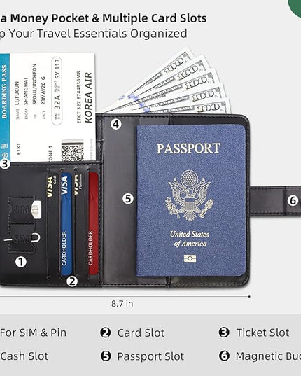 Passport Holder for Travel with Luggage Tag Cover – RFID Blocking Passport Wallet for Women & Men | Leather Passport Cover/Passport Case with Extra Money Pocket & Magnetic Clasp – Black