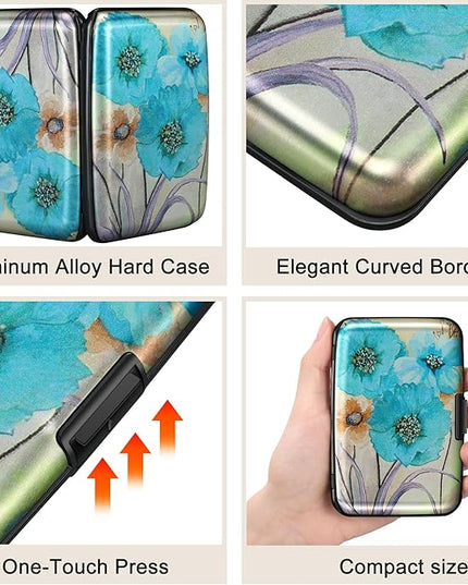 ELFISH Mini RFID Aluminum Wallet Credit Cards Holder Business Card Case Metal ID Case for Men Women(Blue Flower)