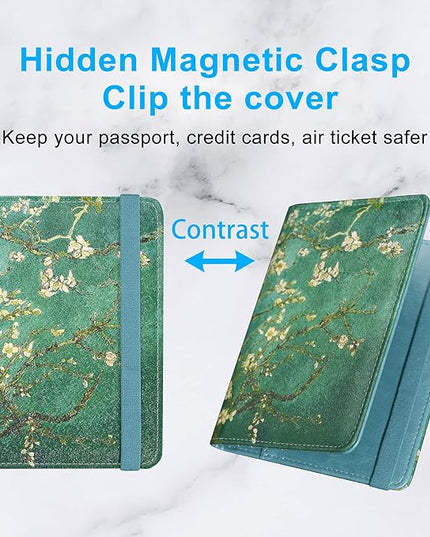 ACdream Passport Holder Cover, Leather Travel Wallet Case, RFID Blocking Document Organizer Protecrtor, with Slots for Credit Cards, Boarding Pass, for Women and Men, Blossom