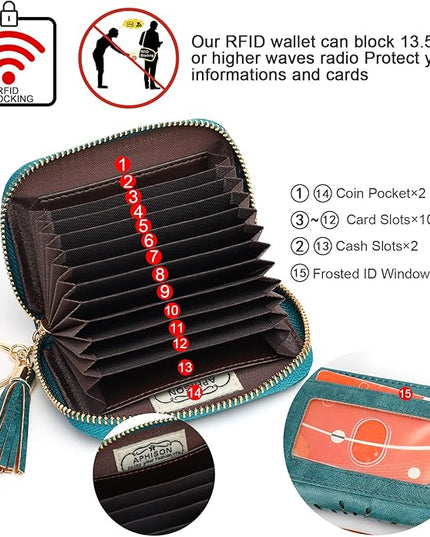 APHISON RFID Credit Card Holder Zipper Card Case Keychain Small Wallet for Women 1927 PEACOCK-BLUE