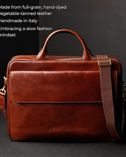 Time Resistance Leather Briefcase - Italian Handmade Leather Laptop Bag - Handbag for Men - Professional Computer Case