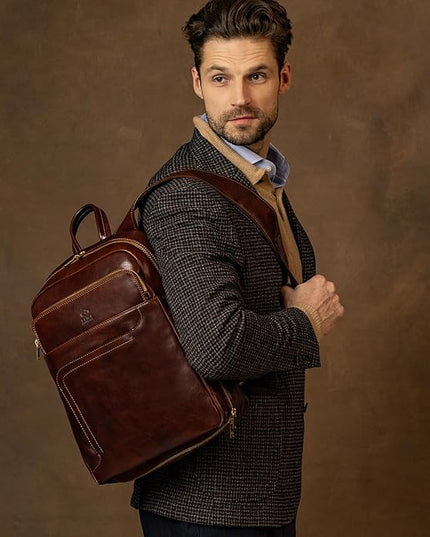 Time Resistance Leather Business Backpack - Laptop and A4 Portfolio Bag - Travel Bag Rucksack (Brown)