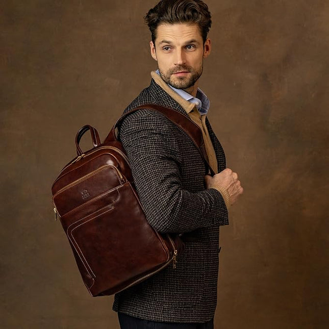 Time Resistance Leather Business Backpack - Laptop and A4 Portfolio Bag - Travel Bag Rucksack (Brown)