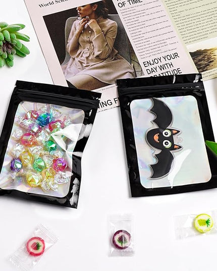 Funfery 300 Pack Smell Proof Resealable Bags for Food Storage,Holographic Bags 3.1x5.1 Black Mylar Clear Packaging Bag- Scent Proof for Cookies, Zip Foil Pouch for Small Business