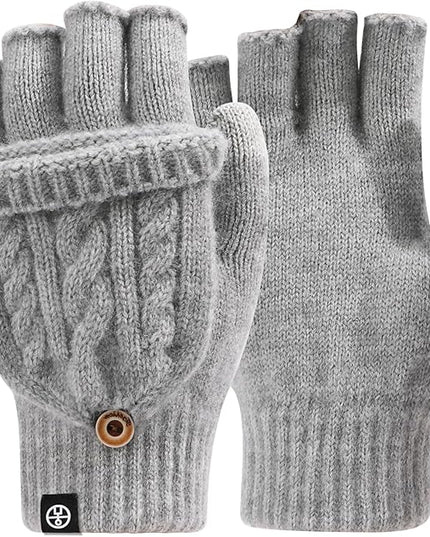 Winter Fingerless Gloves for Women Men Warm Knitted Convertible Mittens Flap Cover