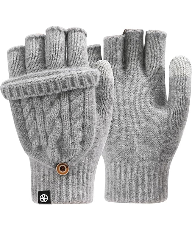 Winter Fingerless Gloves for Women Men Warm Knitted Convertible Mittens Flap Cover