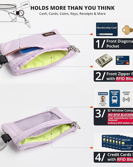 RFID Travel Wallet with Adjustable Lanyard-Zipper Small Wallet with ID Card Holder, Keychain for women&men-Minimalist Slim Waterproof Nylon case for ID, Cash, Key (Soft Lilac)