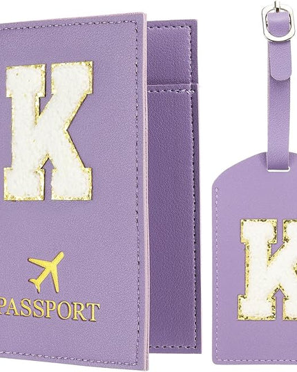 PATIKIL Passport Holder for Travel, Initial Passport Cover and Luggage Tag Set with Alphabet Chenille Letter Patch Travel Wallet Bag Suitcase Identifier for Women Family Travel Purple K