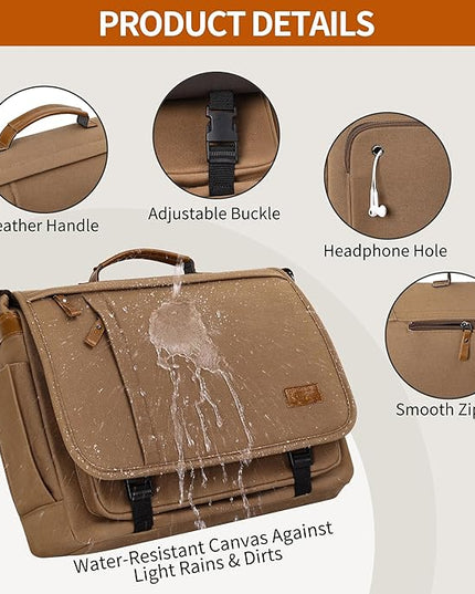 ESTARER Messenger Bag 17-17.3 Inch, Men's Computer Bag Water-resistant Canvas, Laptop Shoulder Bag for Travel Work College, Brown