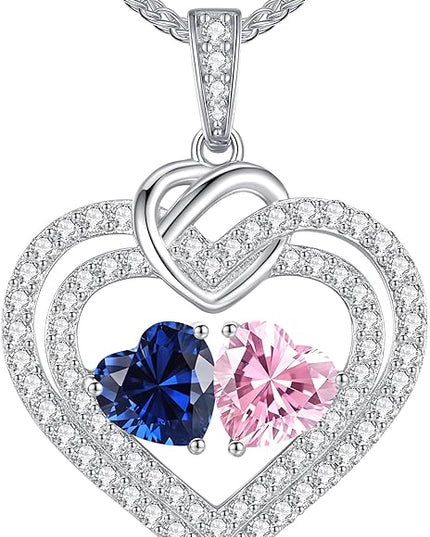 LOUISA SECRET Sparkling Double Heart Birthstone Necklaces for Women, 925 Sterling Silver Fine Jewelry, Pendant Heart Necklaces Birthday Anniversary Christmas Gift for Women Wife Mom Girlfriend Lady