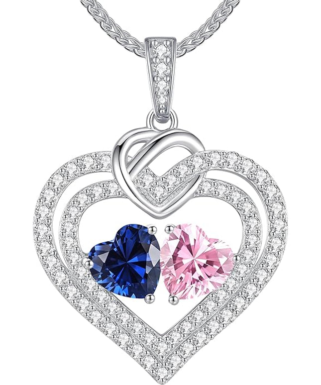 LOUISA SECRET Sparkling Double Heart Birthstone Necklaces for Women, 925 Sterling Silver Fine Jewelry, Pendant Heart Necklaces Birthday Anniversary Christmas Gift for Women Wife Mom Girlfriend Lady