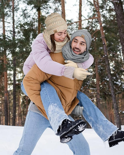 Winter Beanie Hat Scarf Gloves, Warm Fleece Knit Hats Touch Screen Gloves Neck Scarf Set Winter Gifts for Unisex Adult