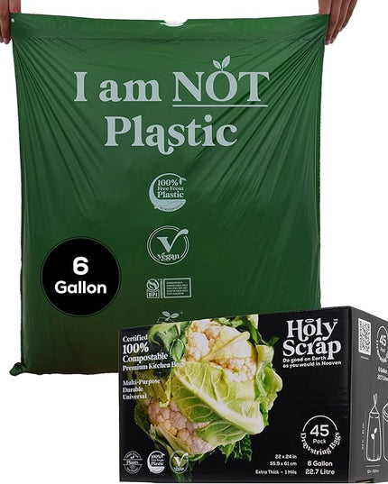 Medium Compostable Drawstring Trash Bags - 6-8 Gallon, 45 Pack | Plastic-Free Kitchen & Bathroom Garbage Bags with Drawstring Handles | Thick Bin Bag Liners for Green & Food Waste