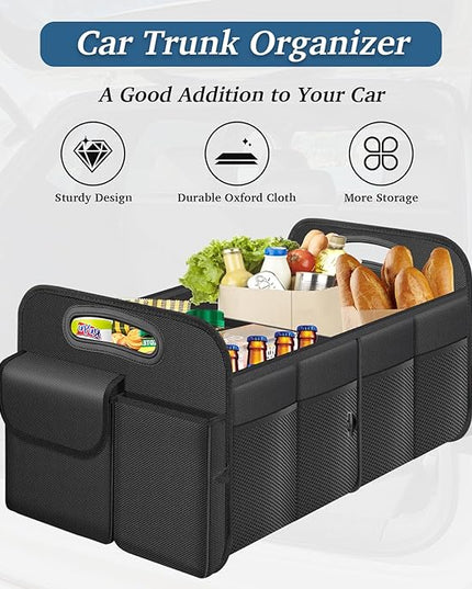 Trunk Organizer, Collapsible Waterproof car Trunk Organizer for SUVs & Sedans, Car Storage Organizers with Reinforced Handles, Car Accessories for Women and Men, 2 Compartments, 52L, Black