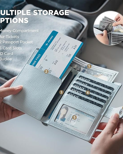 VULKIT Leather Passport Travel Wallet for 2 Passports Pocket Slim Double Passport Holder RFID Blocking with ID Window for Women or Men