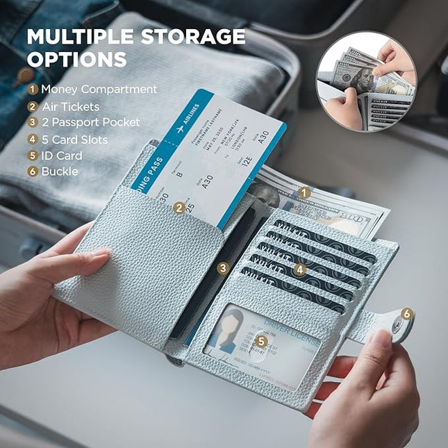 VULKIT Leather Passport Travel Wallet for 2 Passports Pocket Slim Double Passport Holder RFID Blocking with ID Window for Women or Men