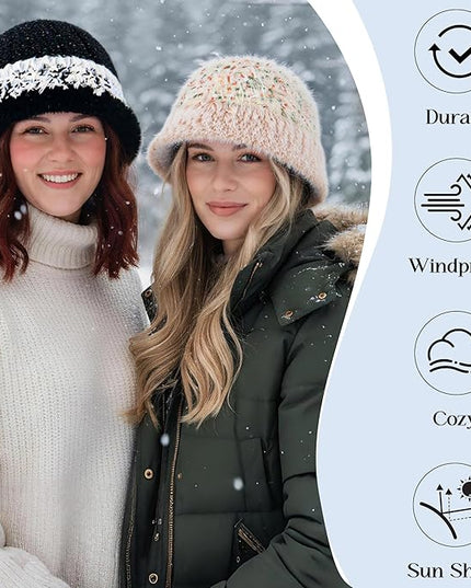 YI HENG MEI Women Knit Bucket Hat, Fluffy Winter Fisherman Hat Fuzzy Soft Warm Beanie Caps Women Cloche Caps Warm Bowler Hats