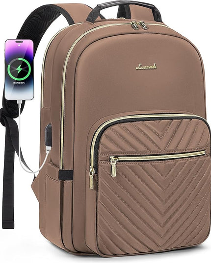 LOVEVOOK Laptop Backpack for Women 17.3 inch,Cute Womens Travel Backpack Purse,Professional Laptop Computer Bag,Waterproof Work Business College Teacher Bags Carry on Backpack with USB Port,Brown