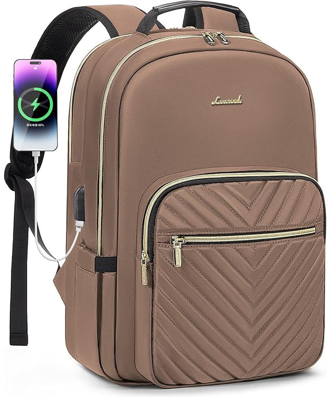 LOVEVOOK Laptop Backpack for Women 17.3 inch,Cute Womens Travel Backpack Purse,Professional Laptop Computer Bag,Waterproof Work Business College Teacher Bags Carry on Backpack with USB Port,Brown