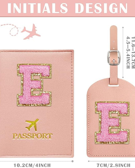 COSHAYSOO Initial Passport Cover Luggage Tag Set Letter Passport Holder Airplane Cruise Travel Essentials Vacation Traveling Accessories Personalized Gifts for Women Teen College Girls Pink E