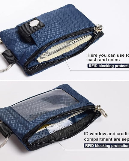 Minimalist RFID Blocking Small Wallet with ID Window,WaterResistant Zip Id Case Wallet with Lanyard Keychain for Cards,Cash,Travel,Women,Men