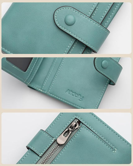 Alldaily Small RFID Blocking Leather Wallet for Women, Bifold with 10 Card Slots and Zipper Pocket (Purist Blue)