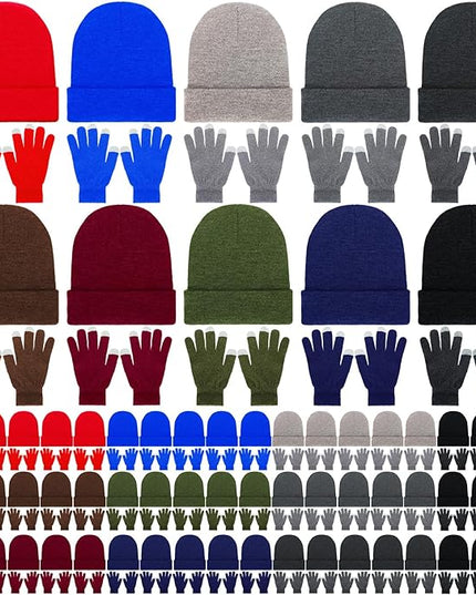 Suhine Bulk Winter Hats and Gloves Set Warm Beanie Gloves Pack Homeless Supplies for Cold Weather Charity