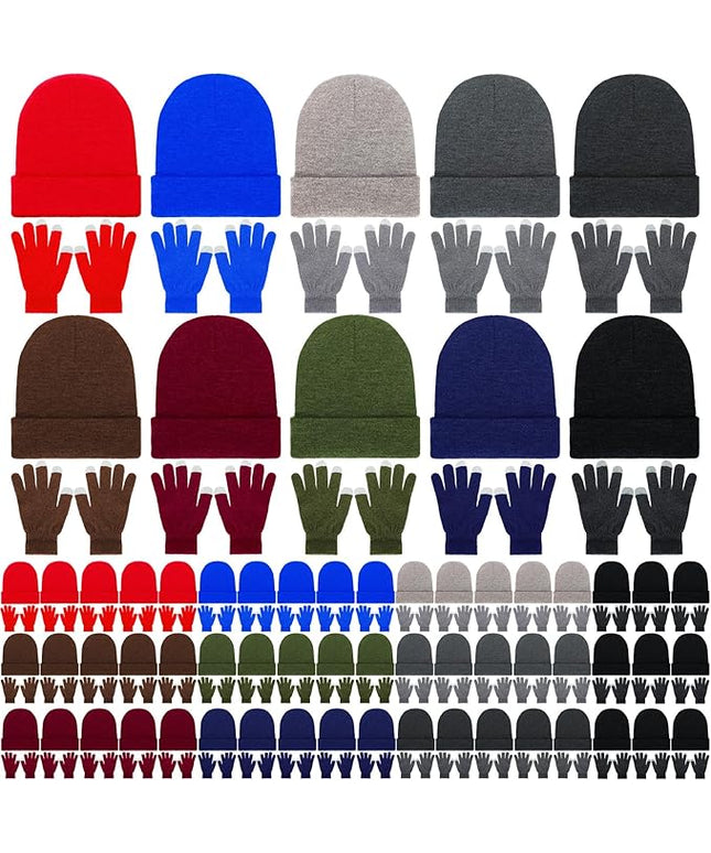 Suhine Bulk Winter Hats and Gloves Set Warm Beanie Gloves Pack Homeless Supplies for Cold Weather Charity