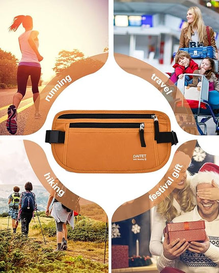 RFID Blocking Money Belt for Men Women, Slim Fanny Pack for Travel，Running,Conceal Waist Wallet for Passport Holder,Phone,Cash(Brown Orange)